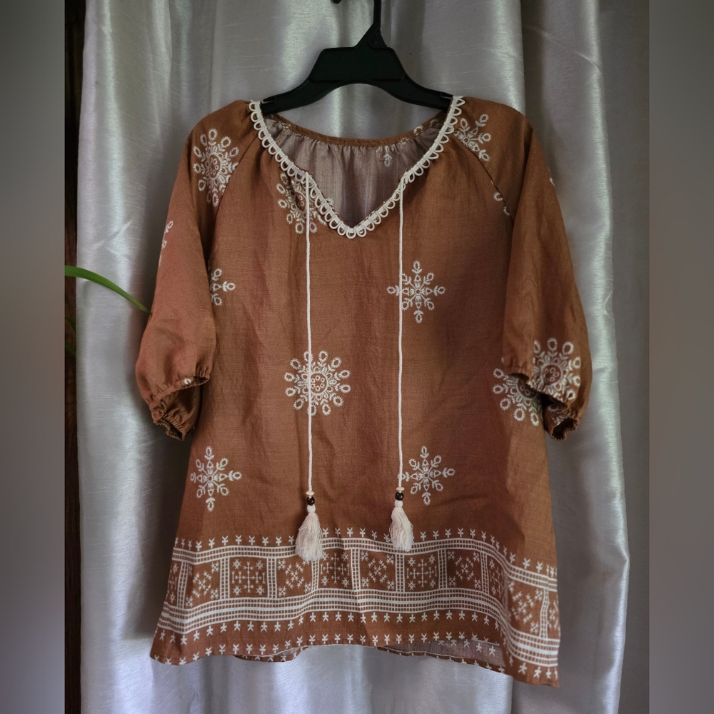 Bohemian Brown Embroidered Women's Top